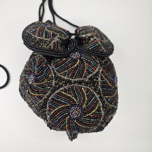 Vintage Black Beaded Floral Cinched Bag Flapper Evening Purse - Picture 2 of 10